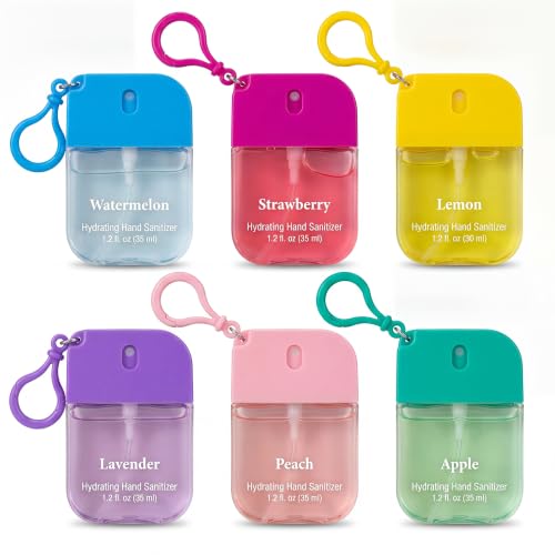 Sacubee 24 Pcs Hydrating Hand Sanitizer Spray with Keychain 6 Scents Bright Color 1.2 Fl. oz Pocket Moisturizing Hand Sanitizer Spray Travel Size Portable for Daily Use Outdoor School Office Gifts