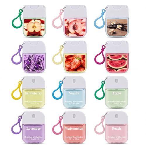 Sacubee 24 Pcs Hydrating Hand Sanitizer Spray with Keychain 6 Scents White Color 1.2 Fl. oz Pocket Moisturizing Hand Sanitizer Spray Travel Size Portable for Daily Use Outdoor School Office Gifts