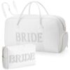 Sadnyy 2 Pcs Bride Travel Bag with Shoes Compartment Bridal Shower Gifts White Quilted Tote Makeup Bag Pearl Patch Shoulder Wedding Trunk Keepsake for Bride to Be Honeymoon Engagement Gift