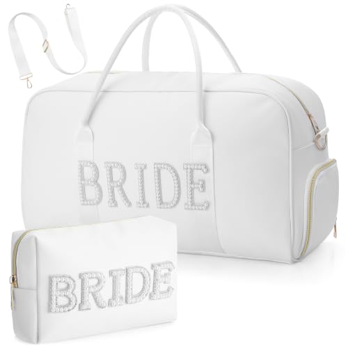Sadnyy 2 Pcs Bride Travel Bag with Shoes Compartment Bridal Shower Gifts White Quilted Tote Makeup Bag Pearl Patch Shoulder Wedding Trunk Keepsake for Bride to Be Honeymoon Engagement Gift