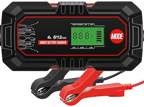 Sailvono 4A Car Battery Charger, 6 V/12 V Fully Automatic Car Battery Charger with Temperature Compensation, Battery Care with Reconditioning Mode and AGM Option for Car Motorcycle Batteries