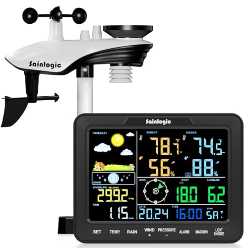 Sainlogic 12-in-1 Home Weather Station Wireless Indoor Outdoor and Rain Gauge Outdoor for Temperature, Humidity, Forecast, Pressure, Moon Phase, Alarm for Bedroom, Black (No WiFi)
