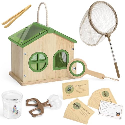 SainSmart Jr. Bug Catcher for Kids - Wooden Bug Habitat with Magnified Viewer, Butterfly Net, Observation Box, Tweezers & 15 Cards, Outdoor Toys & STEM Toys for Boys & Girls Ages 3+, Green