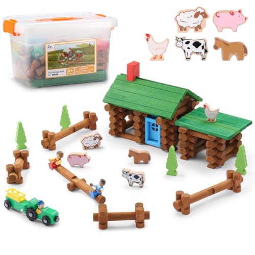 SainSmart Jr. Wooden Logs Set with Container - Classic Building Logs Ages 3+ - Best Retro Building Gift Set for Boys - Creative Construction Engineering Educational Gifts