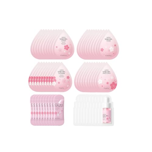 Sakura Travel Skincare Set, 60 Piece Complete Mini Size Facial Care Kit, Portable Hydrating Women‘s Beauty Travel Essentials Set Including Cleanser, Toner, Lotion, Serum, Eye Cream, Cream