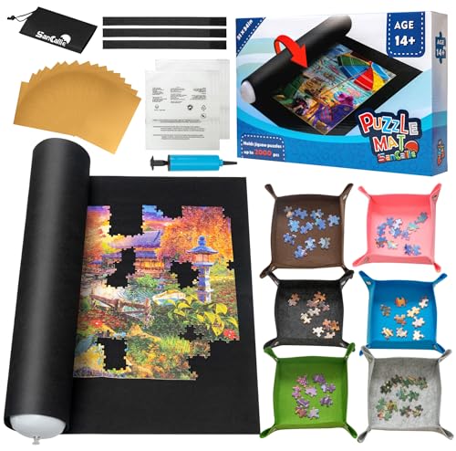 Sancallie Puzzle Mat Roll Up to 2000 Pieces - 51"x 34" Extra Large Non-Slip Felt Mat, Portable Saver with Storage Bag & 6 Sorting Trays, Gift Box with Drawstring Bag, Travel & Home Puzzle Accessories