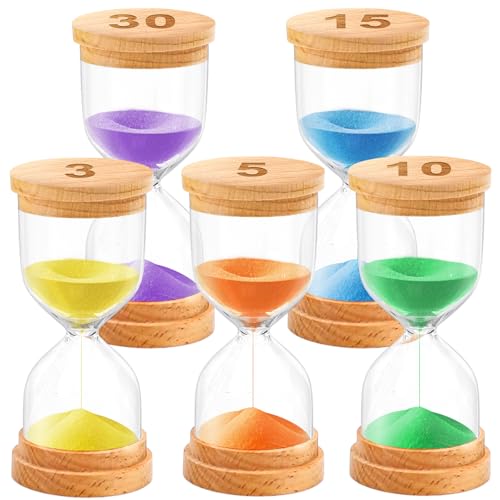 Sand Timer Set 3/5/10/15/30 Minutes, Wooden Glass Sand Timer, Educational Aid for School, Visual Timekeeper for Homework, Games and Learning Activities, Colorful Sand Clocks with Wooden Cover
