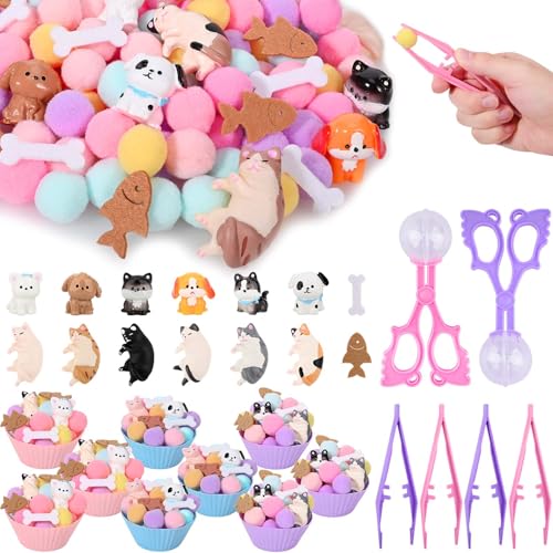Sanixn 207 Pcs Pet Sensory Bin Fillers Dog and Cat Fine Motor Skills Pet Sensory Bin Item Pompoms Cups Tweezers Scissor Clips for Sorting Counting Fun Activities(Pet)