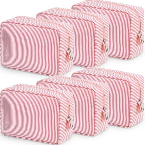 Sanwuta 6 Seersucker Cosmetic Bag Bulk Striped Makeup Bag for Women Aesthetic Cute Travel Toiletry Organizer Preppy Storage Pouch for Wedding Bridesmaid Mother's Day Teacher Gift (Large,Coral Pink)