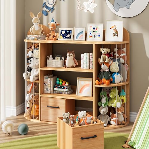 Saudism Wooden Stuffed Animal Storage Organizer with Elastic Ropes, 4-Tier Kids Toy Storage Shelf with 2 Removable Drawers, DIY Modular Toy Cabinet for Playroom, Nursery, Bedroom (Natural)