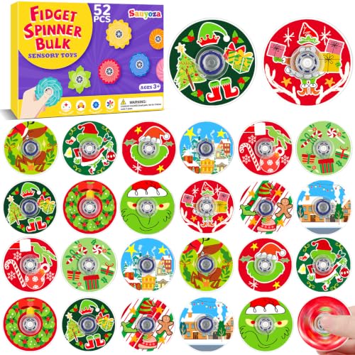 Sauyoza 52 Pack Holiday Elf Party Favors Fidget Spinner for Kids Birthday, Santa's Helper Fidget Spinner Bulk for Classroom Rewards, Goodie Bag Stuffers, Whimsical Christmas Party Supplies