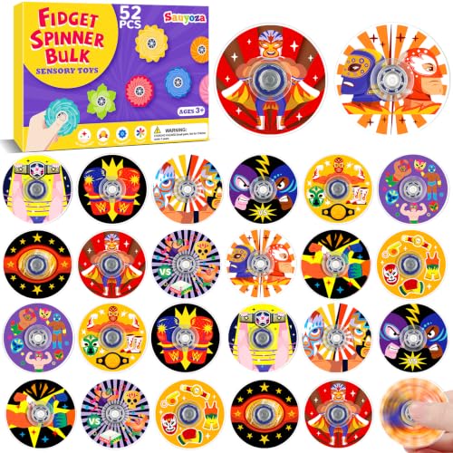 Sauyoza 52 Pack Ring Battle Sports Party Favors Fidget Spinner for Kids Birthday, Arena Fight Themed Fidget Spinner Bulk for Classroom Rewards, Goodie Bag Stuffers, Power Fighter Sport Party Supplies
