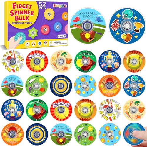 Sauyoza 52 Pack Softball Party Favors Fidget Spinner for Kids Birthday, Sports Themed Fidget Spinner Bulk for Classroom Rewards, Goodie Bag Stuffers, Softball Team Gift Party Supplies