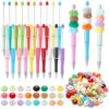 Sayglossy 120 Pcs DIY Fuzzy Beads and Beadable Pens Kit 100 Mixed Color Fluffy Faux Fur Pom Poms Beads 20 Plastic Beaded Pens Bulk for Office Accessories Craft Gifts