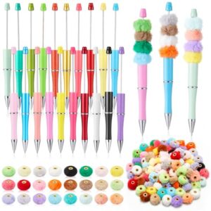Sayglossy 120 Pcs DIY Fuzzy Beads and Beadable Pens Kit 100 Mixed Color Fluffy Faux Fur Pom Poms Beads 20 Plastic Beaded Pens Bulk for Office Accessories Craft Gifts