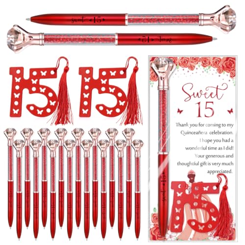Sayglossy 120 Pcs Quinceanera Party Favors Sweet 15th Thank You Gifts Diamond Pens with Cards Bookmarks Retractable Ballpoint Bling Pens Recuerdos Para 15 Anos Quinceaneras Gifts for Guest(Red)
