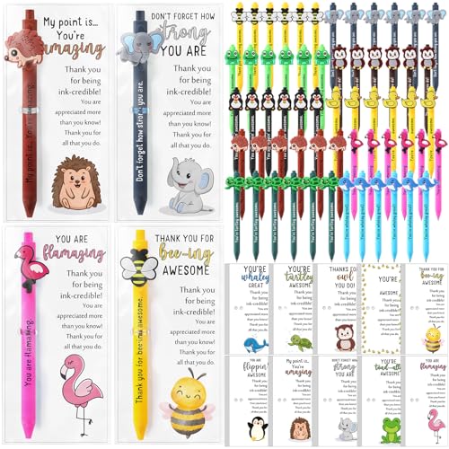 Sayglossy 60 Sets Funny Employee Appreciation Gifts Bulk Funny Animal Thank You Ballpoint Pens and Inspirational Cards Inspirational Gifts for Teacher Student Staff Coworkers Team Group
