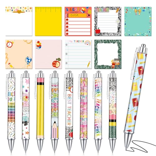 Saypacck 18 Pcs Teacher Desk Accessories, 9 Pads Cute Sticky Notes, 9 Kawaii Pens, 3 x 3 Inches Notepads Memo Pad for Office Supplies Meeting Students School Decor Teacher Gifts