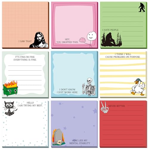 Saypacck 9 Pads Funny Sticky Notes Cartoon Self Stick Notepads 3x3 Inches Notes Adhesive Memo Pad Office Decor Gifts for Students School Teacher Office Meeting(Funny)