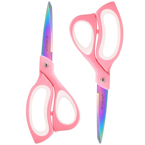 SCAIKTIG 8.5" Heavy Duty Scissors All Purpose for Office School Crafts Sewing Fabric, 2-Pack, Sharp 2.5mm Titanium Blades, Pink Comfort Grip Handles, Teacher Desk & Classroom Supplies/Must-Have