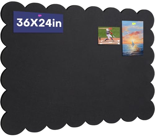 Scalloped Felt Bulletin Board, 36 x 24 Inches Foldable Pin Cork Board with 20 Pushpins - Decorative Cork Alternative for Wall, 3' x 2' Trifold Picture Self Adhesive Vision Prayer Board - Black