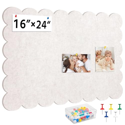 Scalloped Felt Bulletin Board for Wall, 24 x 16 Inches Pin Board with 20 Pushpins, Decorative Cork Alternative for Office, Foldable Picture Self Adhesive Vision Prayer Board, Oatmeal