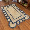Scalloped Natural Jute Door Mat 2x3 Ft with Scalloped Border, Boho Area Rug with Blue Trim & Non Slip Backing for Entryway