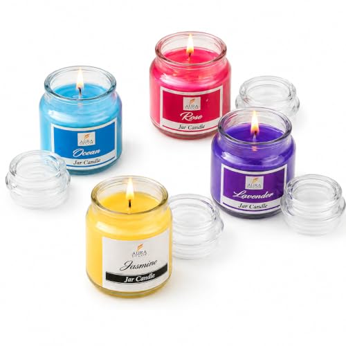 Scented Jar Candle Gift Set – 4 Fragrance Collection (Rose, Lavender, Ocean & Jasmine) – Long Burning Aromatic Candles – Glass Jar Candles for Home Décor, Relaxation & Gift Giving
