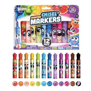 Scentos Scented Chisel Tip Markers 12 Pack, With Fruit Scent, 12 Assorted Colors, Different Fruity Each, Washable Markers, Marker for Kids, for Posters and Science Fairs, Super Washable Ink.
