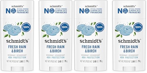 Schmidt's Aluminum-Free Vegan Deodorant Fresh Rain & Birch with 24 Hour Odor Protection,for Women and Men,Natural Ingredients,Cruelty-Free,2.65 oz,(Pack of 4)