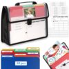 School Years Organizer Kit Clear Plastic Storage Tote with 20 Letter Size Colored Manila Folders 60 Reusable Sticker Labels School Memory Keepsake Box for Pre K to 12th Grade DIY Organization (Black)