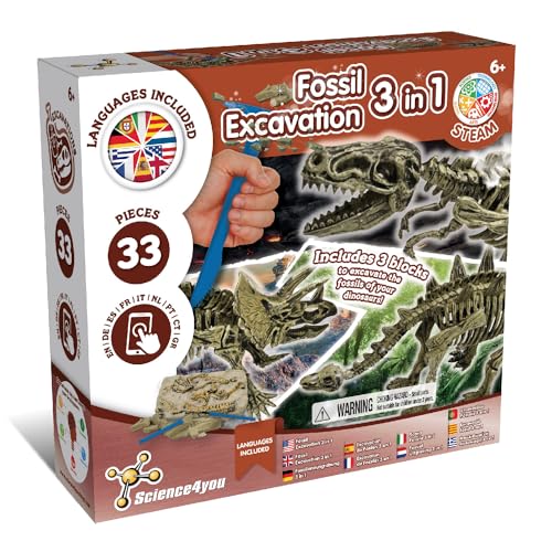 Science4you Dinosaur Fossil Excavation 3 in 1 - Fossil Digging Kit for Kids: T-Rex & Triceratops & Stegosaurus, 3 Dinosaurs Toys for Kids, 37 Pieces, Toys, Games, Gifts for 6+ Year Old Boys and Girls