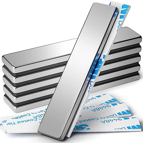 SCJHMY 6 Pack Neodymium Magnets 60x10x3mm N30 Strong Rare Earth Magnets with Adhesive Backing, Heavy Duty Bar Magnets for Refrigerator, Crafts, and DIY Projects Silver 60x10x3mm