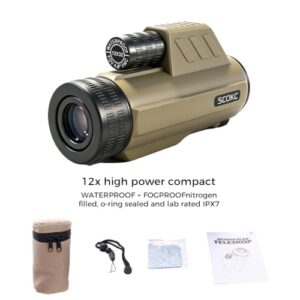SCOKC Waterproof Monocular Telescope | Lightweight with Travel Bag, Compact, 12X Magnification, Wide Field of View for Bird Watching, Hunting, Hiking, Camping (12x32, Desert Color)