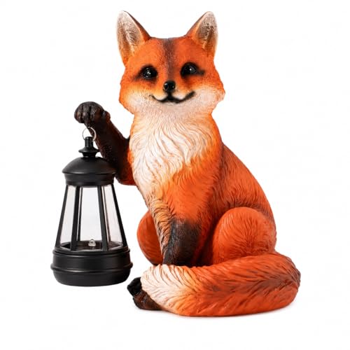 Scoomor Solar Fox Garden Statue, 9 Inch Resin Animal Figurine with Lantern, Outdoor Solar Light Decor for Patio, Yard, Porch, Walkway, Lifelike Woodland Fox Sculpture for Garden Art (Red)