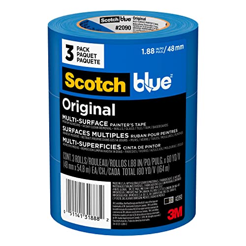 ScotchBlue Original Multi-Surface Painters Tape, 2 Inch Wide (1.88 in. x 60 Yds), 3 Rolls, Blue, Paint Tape Protects and Removes Easily, Masking Tape for Indoor and Outdoor Use (2090-48EP3)