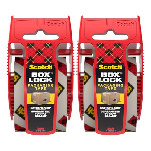 Scotch Box Lock Packaging Tape with Dispenser, 1.88 inch x 800 inch (22.2 yd), 2 Rolls, Clear Heavy Duty Packing/Shipping Tape, Extreme Grip – Sticks Instantly to Any Box for Secure Seal