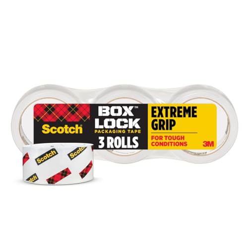 Scotch Box Lock Packing Tape, Clear, Extreme Grip Box Packaging Tape for Shipping and Mailing, 1.88 in. x 54.6 yd, 3 Refill Rolls
