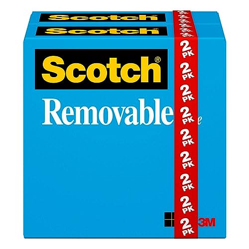 Scotch Removable Tape, 3M Adhesive Tape Sticks and Re-Sticks and Offers Clean Removal from Paper Surfaces, 3/4 in. x 1,296 in., 2 Rolls, 1 in. Core