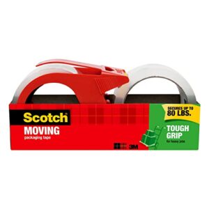 Scotch Tough Grip Moving Packing Tape, Clear, Moving Tape That Secures Boxes up to 80 Pounds, 1.88 in. x 38.2 yd., 2 Tape Rolls