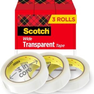 Scotch Transparent Tape, Clear Tape Engineered for Office and Home Use, 3 Inche Core, 1 in x 2592 in, 3 Rolls (Pack of 12)