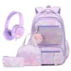 Scothen Backpack for Girls, 4PCS Rainbow Butterfly Girls Backpacks with Lunch Bag and Foldable Kids Headphone for Teen Girl Children Students Kindergarten Elementary Middle School Book Bag Toddler