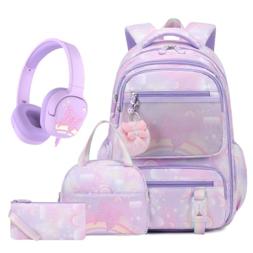Scothen Backpack for Girls, 4PCS Rainbow Butterfly Girls Backpacks with Lunch Bag and Foldable Kids Headphone for Teen Girl Children Students Kindergarten Elementary Middle School Book Bag Toddler
