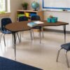 Scranton & Co Kidney Activity Table, 96 x 48 in Oak Laminate Top, Adjustable 21.25-30.25 in Height Steel Legs, Scratch/Stain Resistant, Collaborative Design for Classrooms, Offices, or Homes
