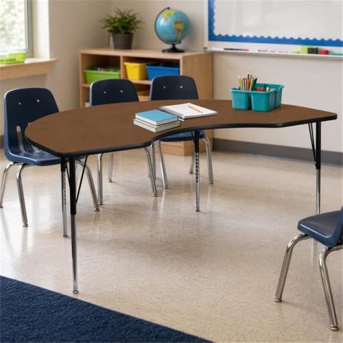 Scranton & Co Kidney Activity Table, 96 x 48 in Oak Laminate Top, Adjustable 21.25-30.25 in Height Steel Legs, Scratch/Stain Resistant, Collaborative Design for Classrooms, Offices, or Homes
