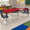 Scranton & Co Kidney Activity Table, 96 x 48 in, Red Laminate Top, Adjustable Chrome Steel Legs, 21.25-30.25 in Height, Kidney Shape, Scratch-Resistant, Stable Collaborative Table for Classrooms or