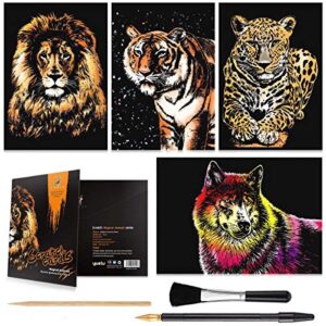 Scratch Art Animals for Adults, A4 Rainbow Scratchboard Craft Kit, 4 Sheets
