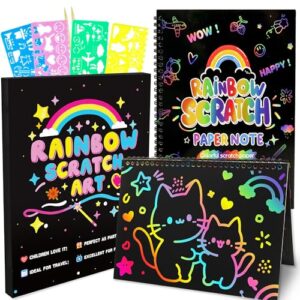 Scratch Art Crafts Kit for Kids – 2 Pack Rainbow Scratch Paper Notebooks with Wooden Styluses and Drawing Stencils, Magic Art Supplies Birthday Christmas Gifts Party Favors for Boys Girls Ages 3-10