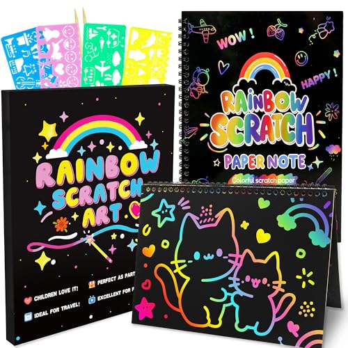 Scratch Art Crafts Kit for Kids – 2 Pack Rainbow Scratch Paper Notebooks with Wooden Styluses and Drawing Stencils, Magic Art Supplies Birthday Christmas Gifts Party Favors for Boys Girls Ages 3-10