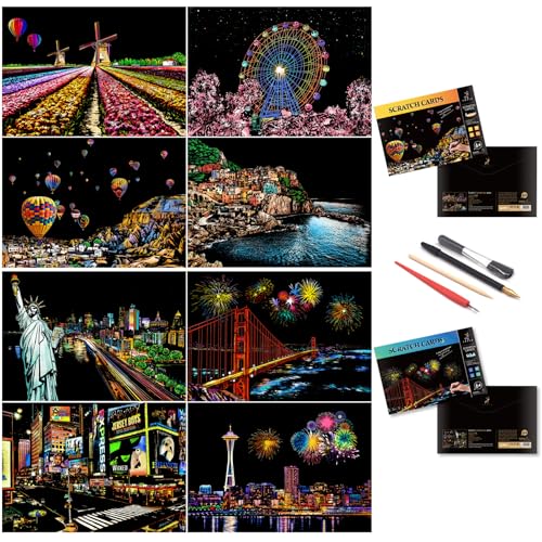 Scratch Art for Adults-City Landmarks Scratch Painting Paper Craft Kit (8 Sheets A4)|DIY Foil Engraving Art Set|Stress Relief Gift for Travel Lovers,Craft Lovers,Home Decor(America/Europe)